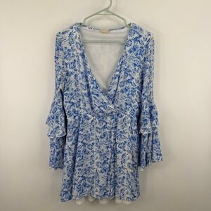 Altar'd State Romper Women Large Blue Floral Bell Sleeve Cottagecore Coquette